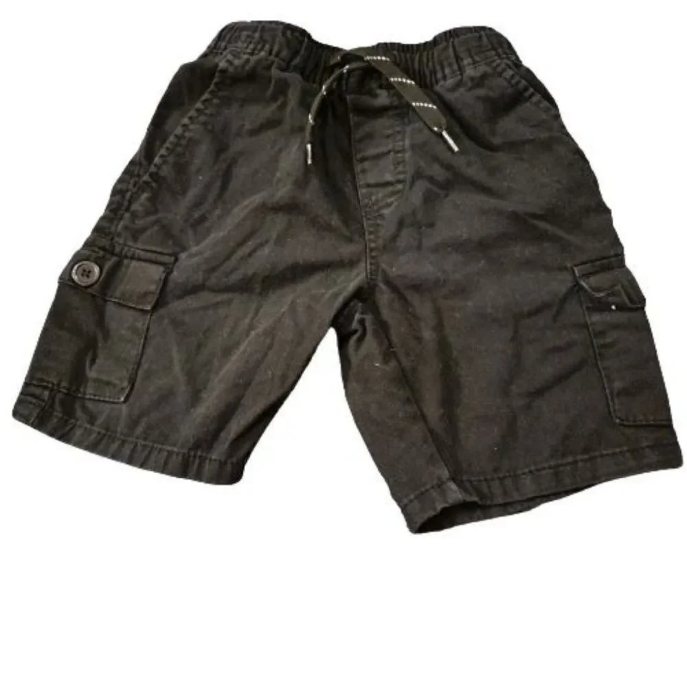 Canyon Club Boys Black 100% Cotton Pockets Drawstring Cargo Shorts Size 5